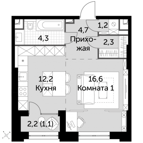 Планировка ЖК Сидней Сити, 16.6 м2