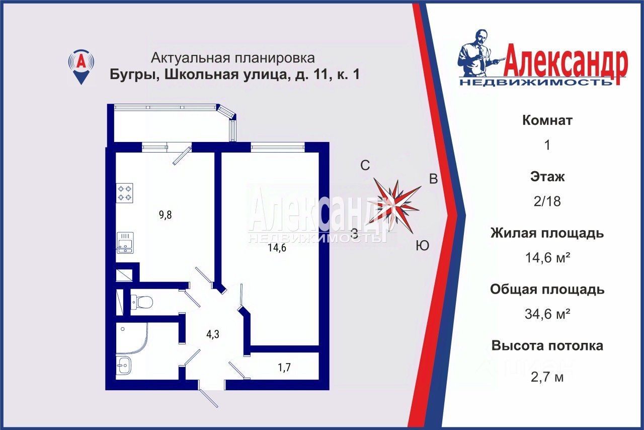 Продажа 1-комн квартиры на вторичном рынке пос. Бугры, улица Школьная, 11к1
