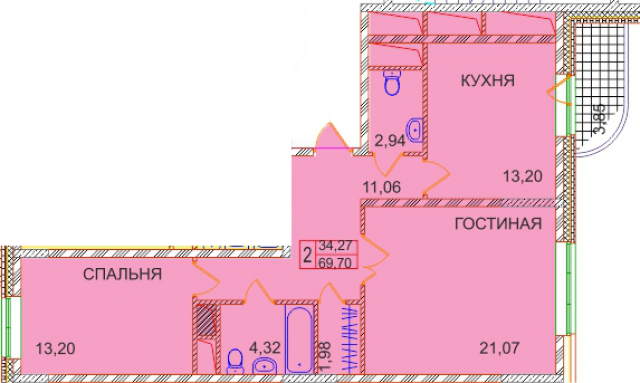 Планировка ЖК Подрезково, 34.27 м2
