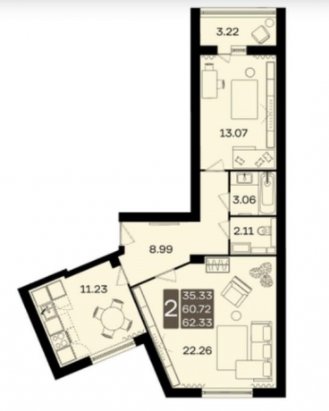 Планировка ЖК ДОМодедово парк. Новый квартал, 35.3 м2