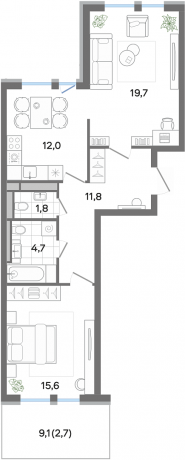 Планировка ЖК G3 Театральный, 35.3 м2
