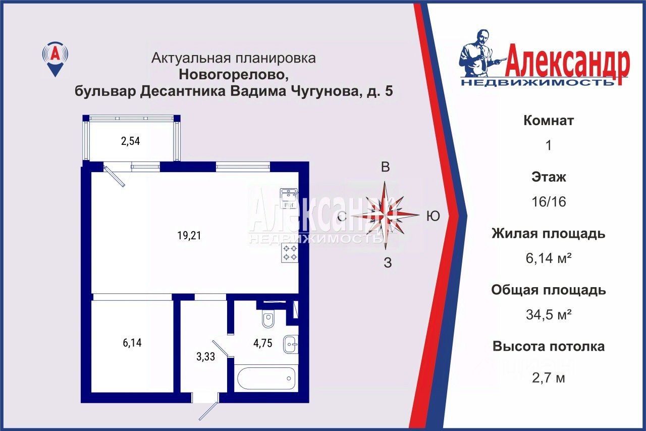 Продажа 1-комн квартиры на вторичном рынке пос. Новогорелово, бульвар Десантника Вадима Чугунова, 5