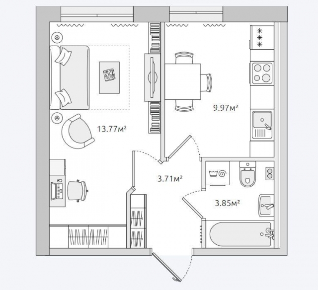 Планировка ЖК Муринский Посад, 13.77 м2