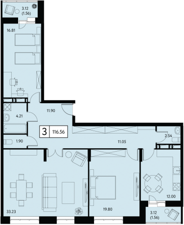 Планировка ЖК Преображенская площадь, 69.84 м2