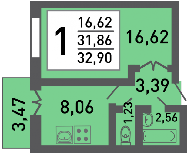 Планировка ЖК ПущиноГрад, 16.62 м2