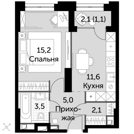 Планировка ЖК Сидней Сити, 15.2 м2