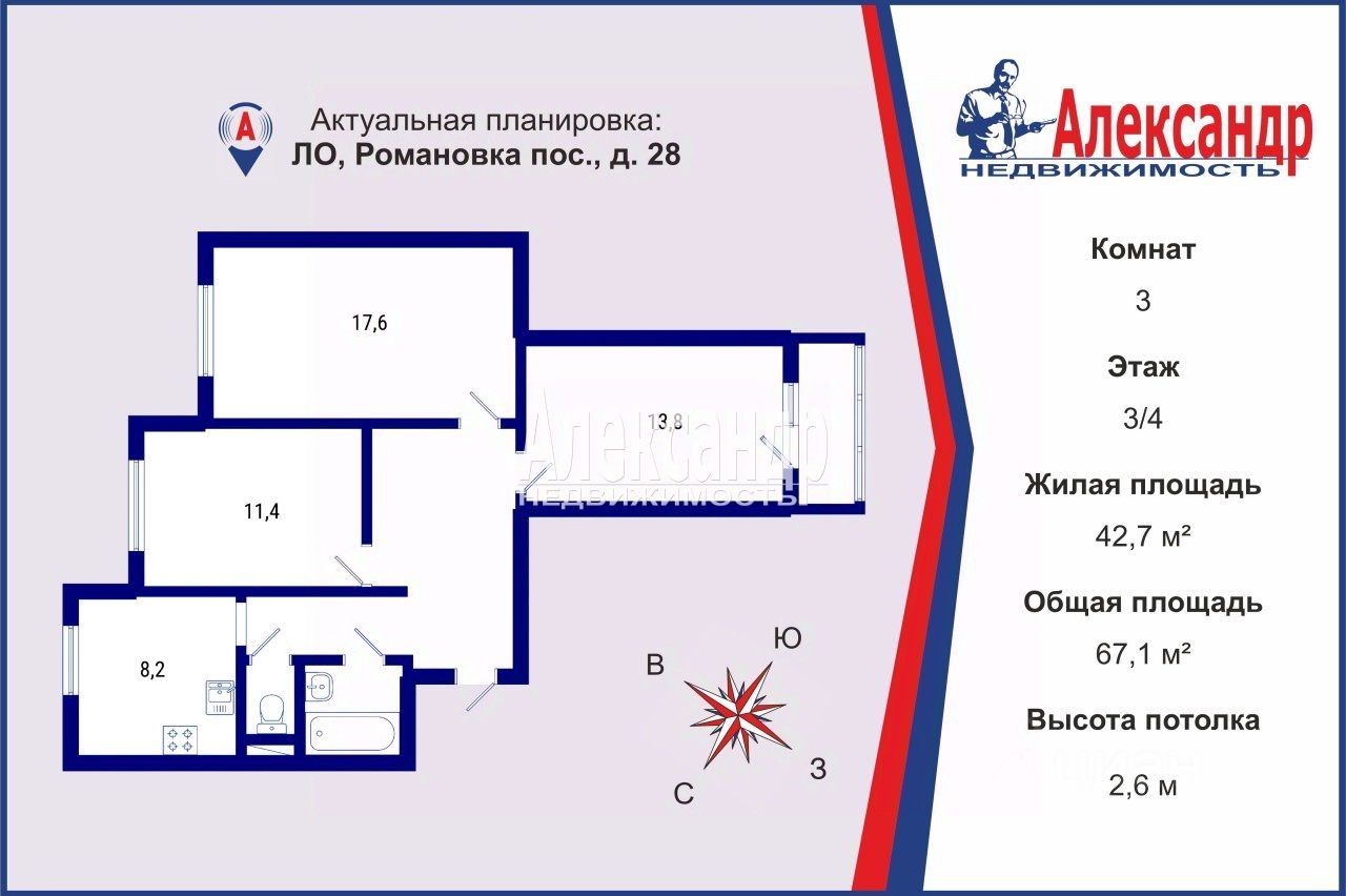 Продажа 3-комн квартиры на вторичном рынке пос. Романовка, 28