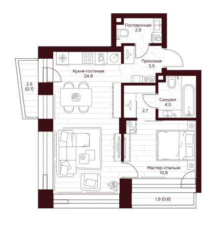 Планировка ЖК Дом 7 Даниловский, 10.9 м2
