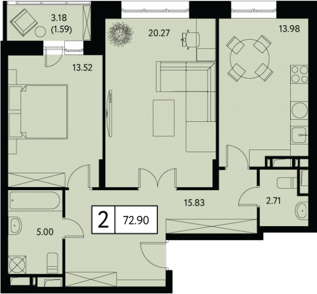 Планировка ЖК Преображенская площадь, 33.77 м2