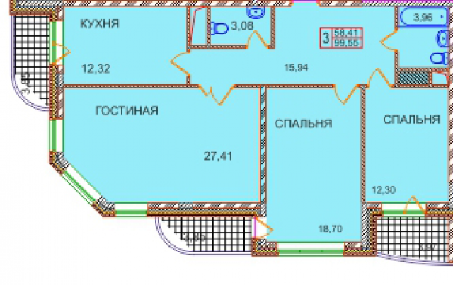 Планировка ЖК Подрезково, 58.41 м2