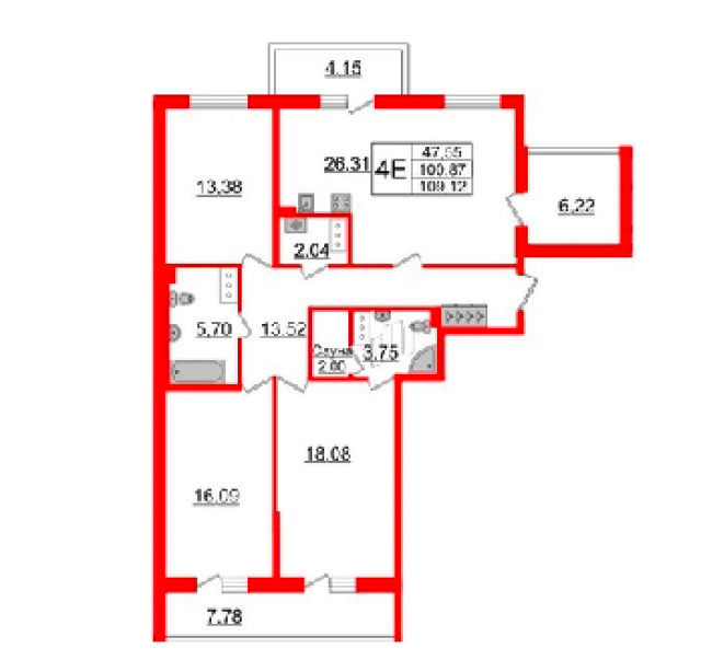 Планировка ЖК Солнечный город, 47.9 м2