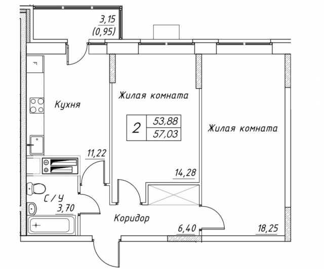 Планировка ЖК Большевик, 32.53 м2