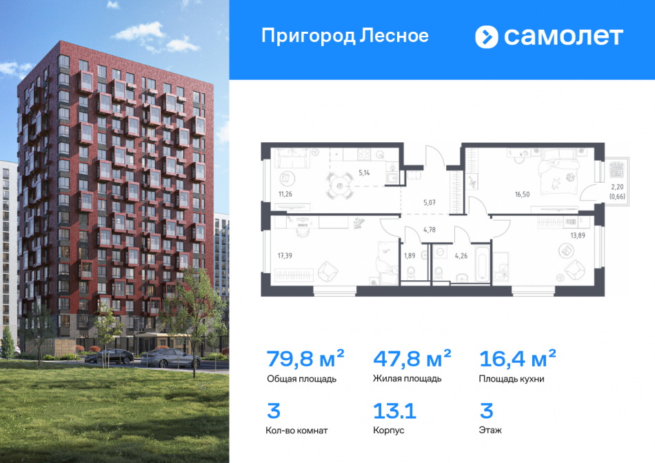 Продажа 3-комн квартиры в новостройке посёлок городского типа Мисайлово, улица Современников, 2