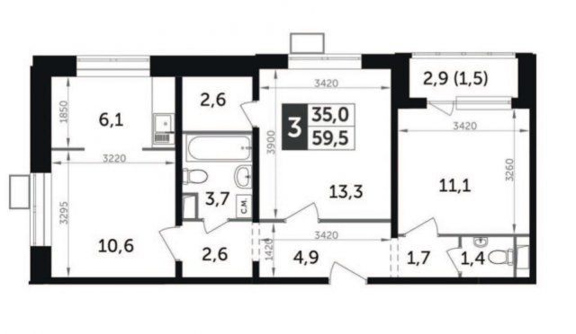 Планировка ЖК Южная Битца, 24.4 м2