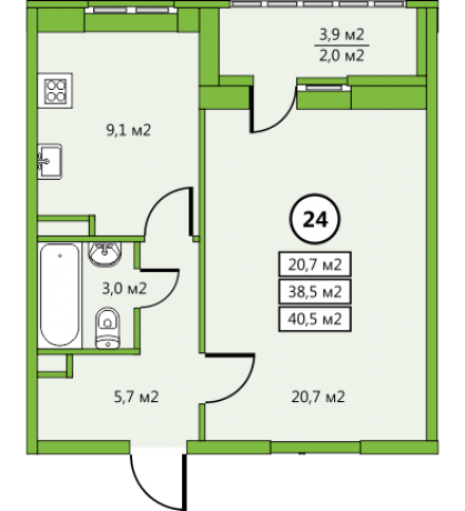 Планировка ЖК Дом у озера, 20.7 м2