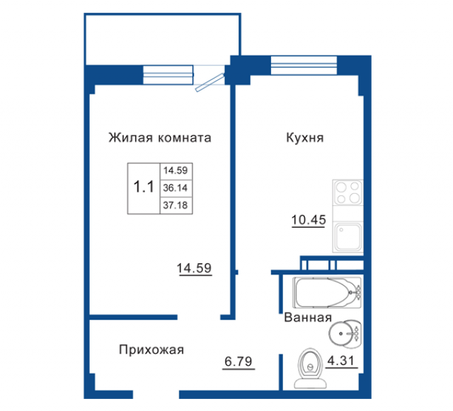 Планировка ЖК Родные берега, 14.59 м2