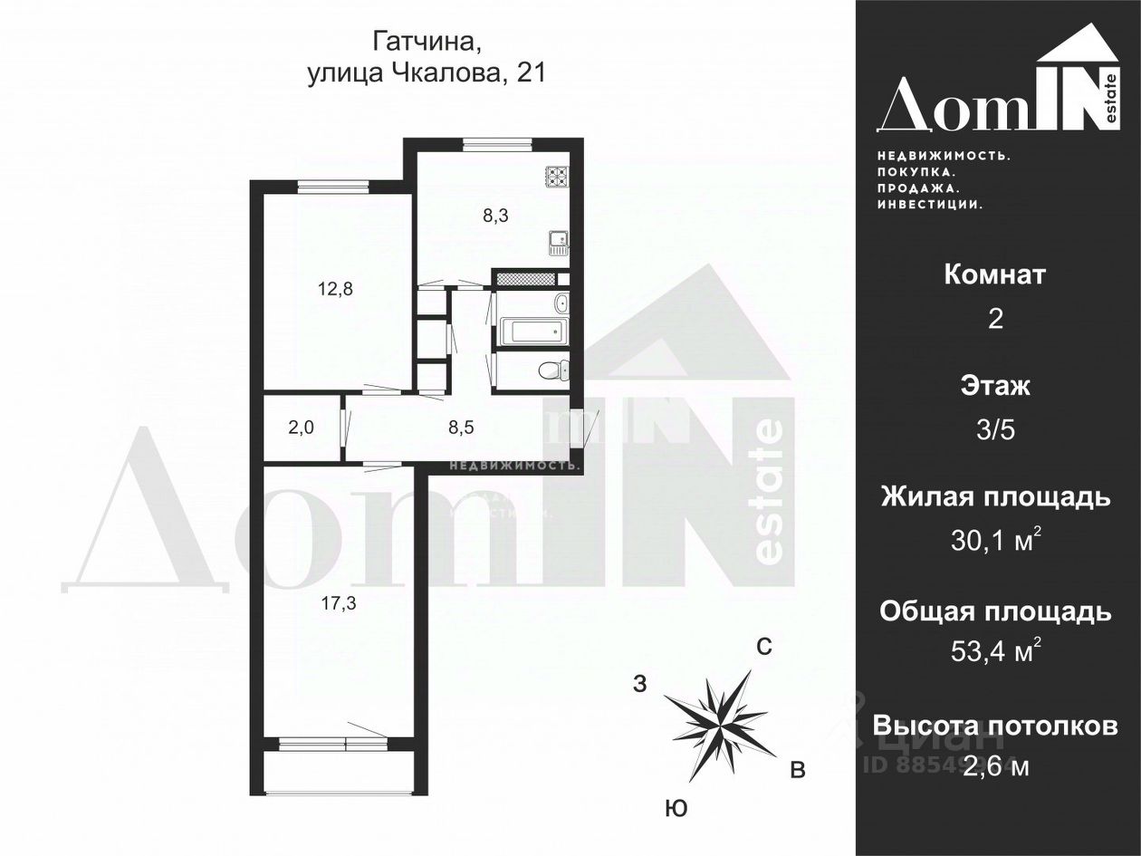 Аренда 2-комн квартиры на вторичном рынке Гатчина, улица Чкалова, 21