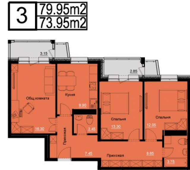 Планировка ЖК Новый Эдем, 41.65 м2