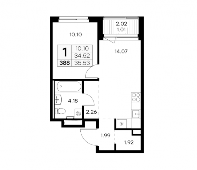 Планировка ЖК GloraX Новоселье, 10.1 м2