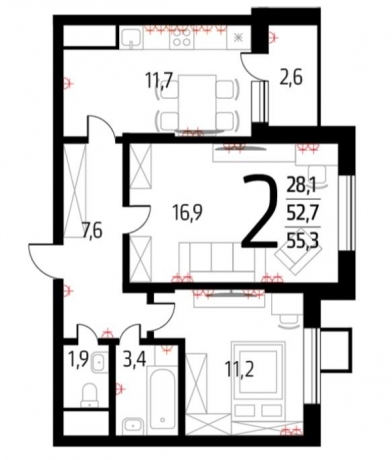 Планировка ЖК Новые Ватутинки. Микрорайон Десна, 28.1 м2