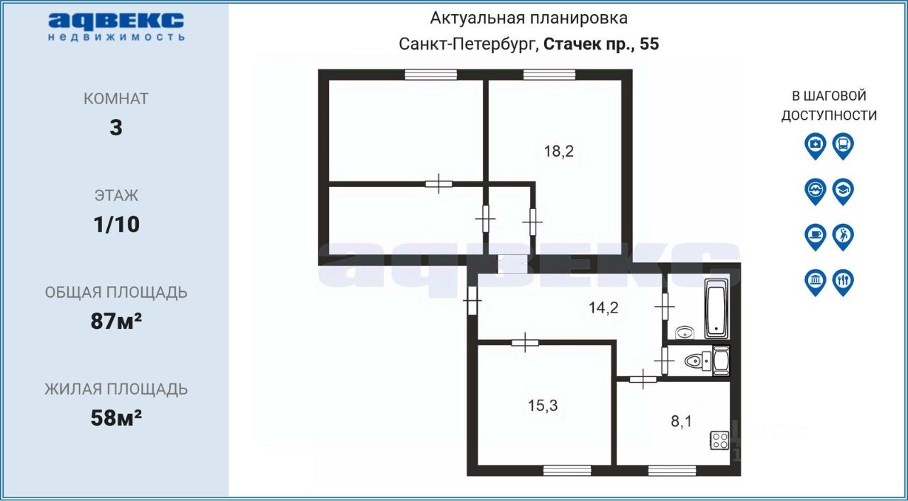 Продажа 3-комн квартиры на вторичном рынке проспект Стачек, 55