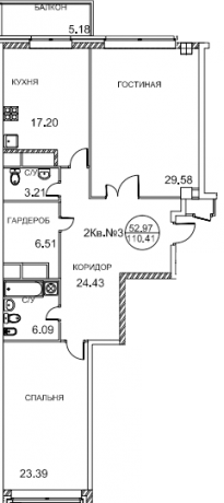 Планировка ЖК Royal House on Yauza, 52.97 м2