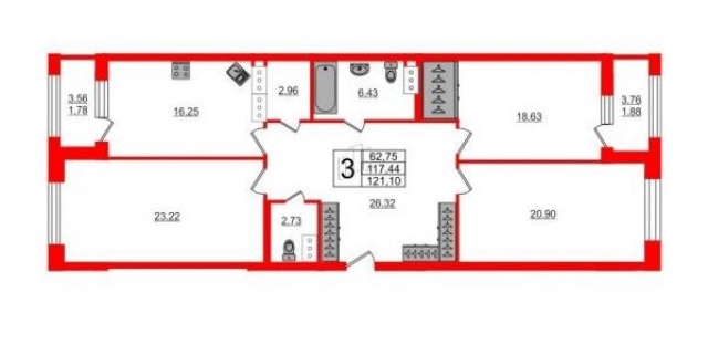 Планировка ЖК Riverside, 62.75 м2