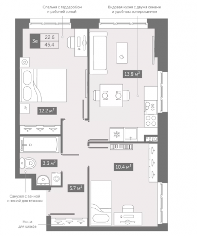 Планировка ЖК Zoom на Неве, 22.6 м2