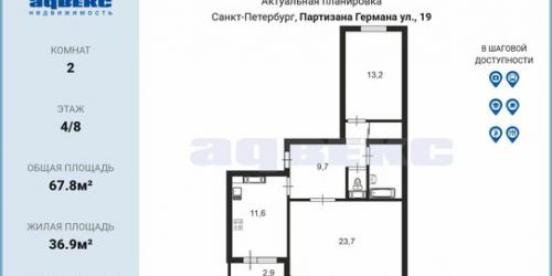 2-комн квартира улица Партизана Германа,  д. 19