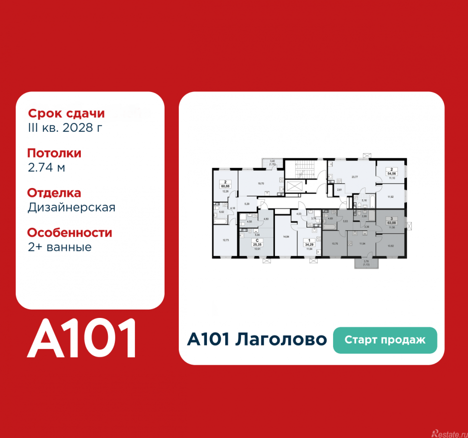 Продажа 3-комн квартиры в новостройке Лаголово, жилой комплекс А101 Лаголово, 1.3-2