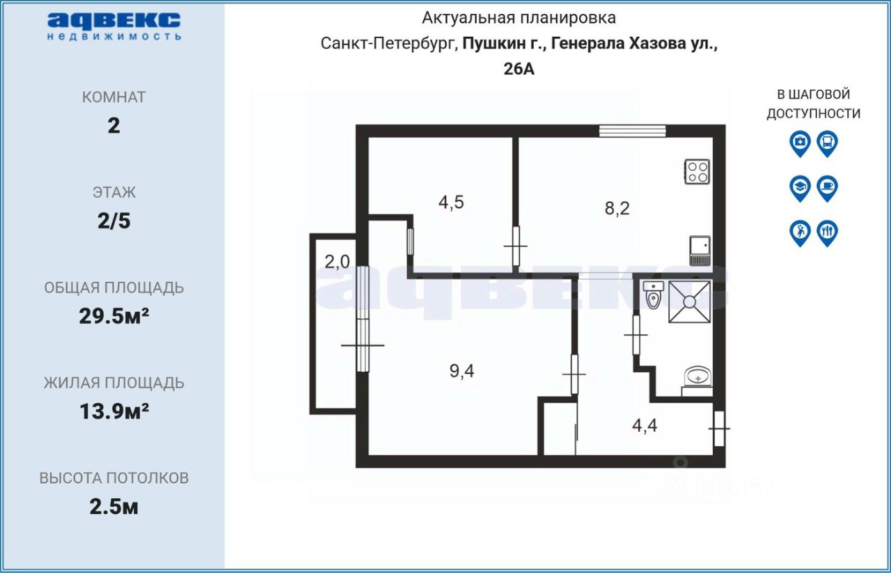 Продажа 2-комн квартиры на вторичном рынке Пушкин, улица Генерала Хазова, 26