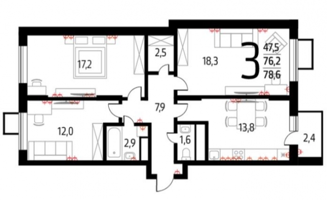 Планировка ЖК Новые Ватутинки. Микрорайон Десна, 47.5 м2