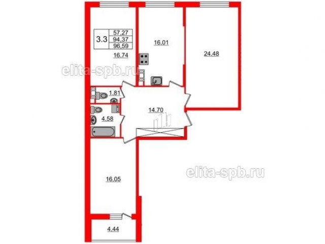 Планировка ЖК Притяжение, 57.27 м2