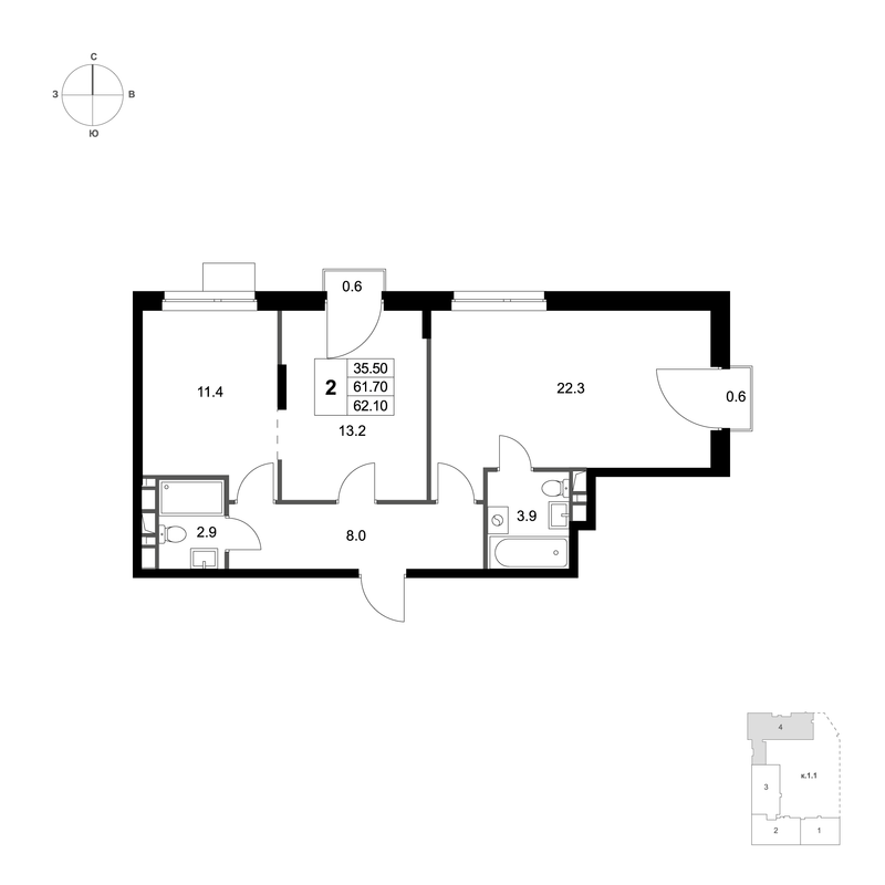 Продажа 2-комн квартиры в новостройке Марусино пгт., Заречная ул.,  к. 1.1