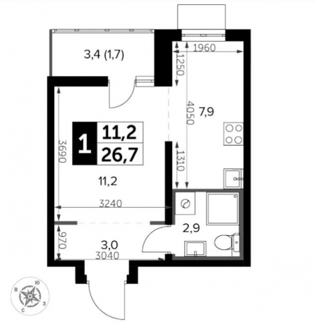 Планировка ЖК Южная Битца, 19.1 м2