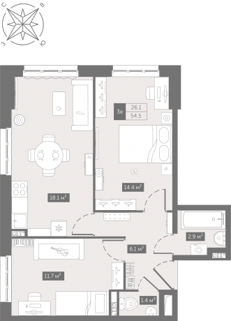 Планировка ЖК Zoom на Неве, 26.1 м2