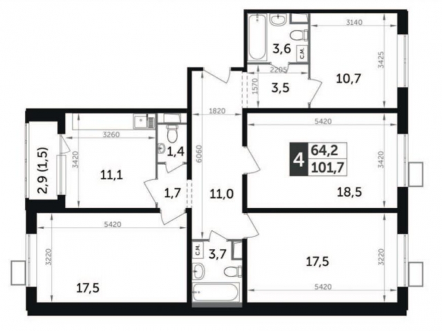 Планировка ЖК Южная Битца, 64.2 м2