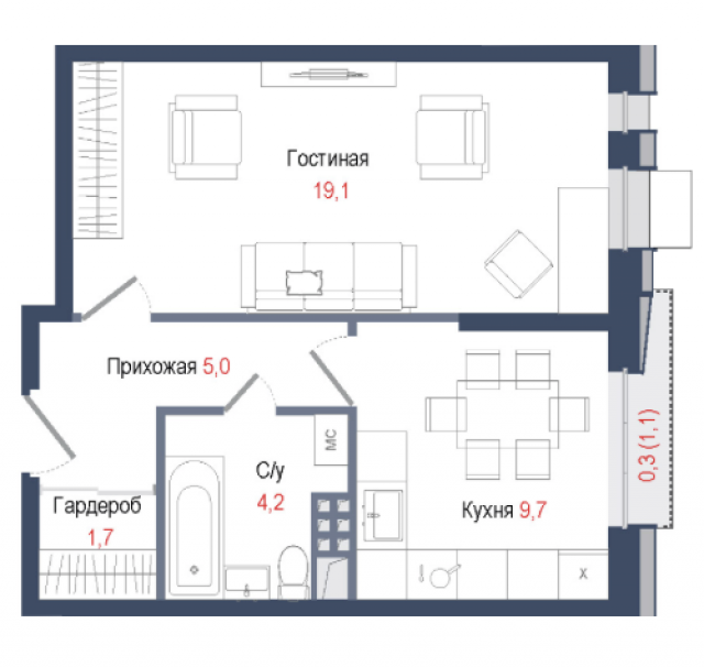 Планировка ЖК КИНОКВАРТАЛ, 19.1 м2