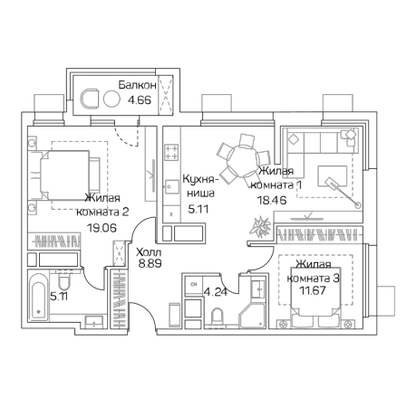 Планировка ЖК UNO Старокоптевский, 30.73 м2