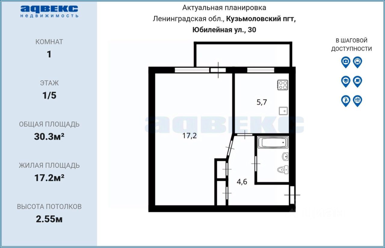 Продажа 1-комн квартиры на вторичном рынке Кузьмоловский пгт, улица Юбилейная, 30