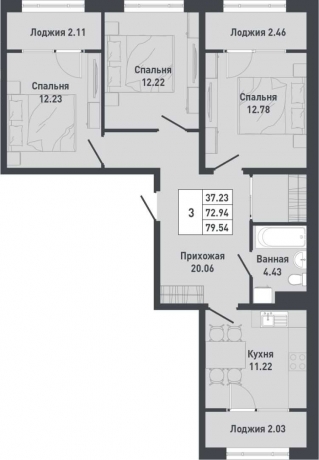 Планировка ЖК Pixel, 37.23 м2