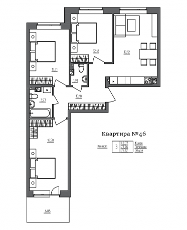 Планировка ЖК Счастье 2.0, 42.07 м2