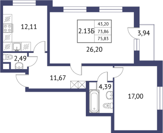 Планировка ЖК Неоклассика, 43.2 м2