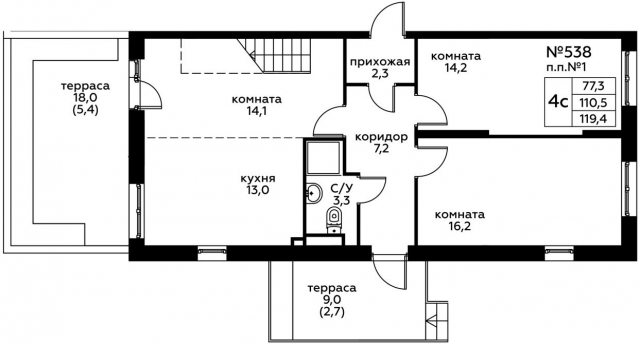 Планировка ЖК Эко Бунино, 44.5 м2