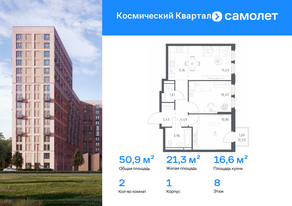 Продажа 2-комн квартиры в новостройке Юбилейный мкр, ЖК Космический Квартал, к1