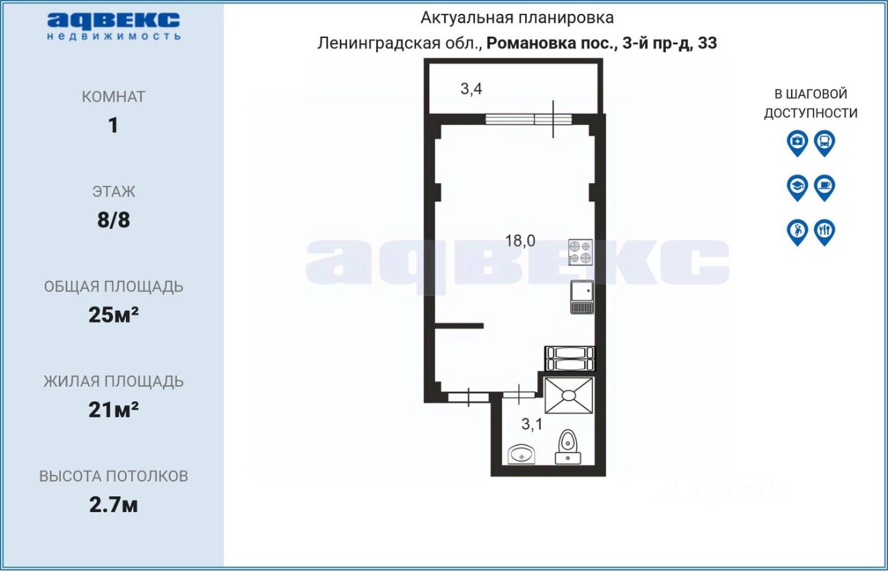 Продажа студии пос. Романовка, 33