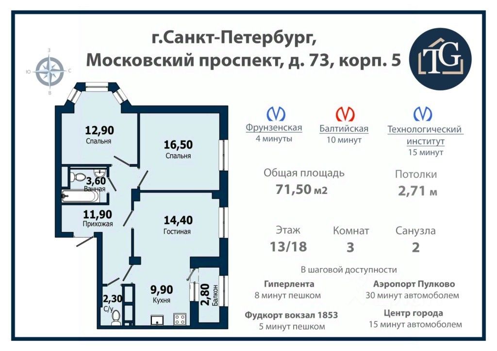 Продажа 3-комн квартиры на вторичном рынке Московский проспект, 73к5