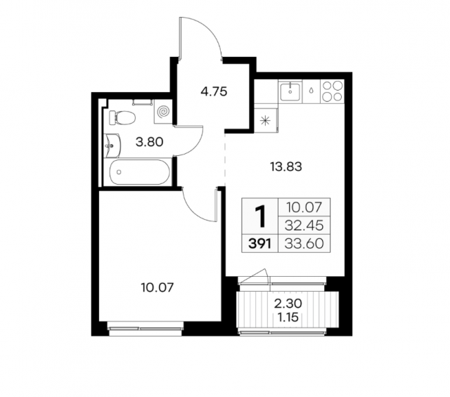 Планировка ЖК GloraX Новоселье, 10.07 м2