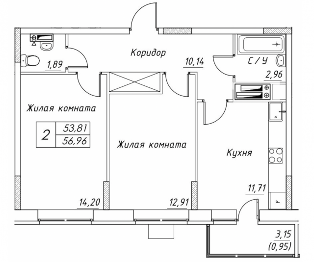 Планировка ЖК Большевик, 27.11 м2