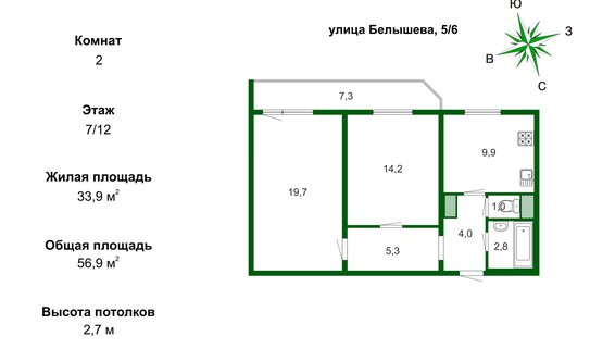 Продажа 2-комн квартиры на вторичном рынке улица Белышева,  д. 5/6